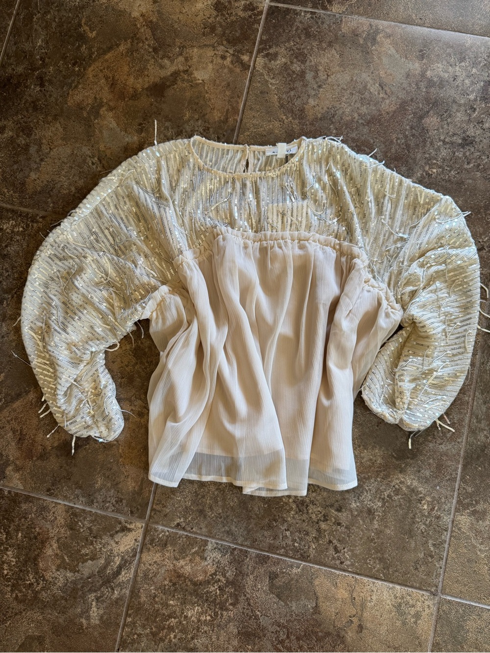 NWT Beaded Cream/Champaign Colored Sequined Flowy Blouse Size M